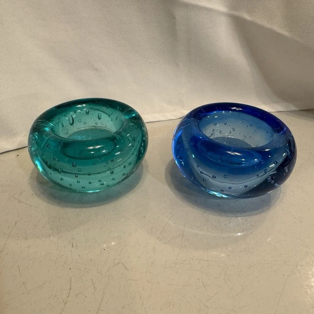 IKEA Bubble Glass Votive Holders Teal Green & Blue Set‎ Of 2